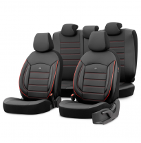 Juego de fundas de asientos universales en cuero &#039;Inspire&#039; negro + detalles en rojo - 11 piezas - apto para airbags laterales