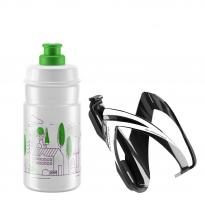 ELITE Bottle + bottle cage KIT CEO black glossy + JET drinking bottle transparent with green logo 350 ml