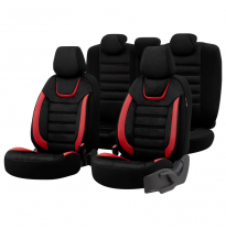 Juego De Fundas De Asiento Universales De Ante/Cuero/Tela &#039;Iconic&#039; Negro/Rojo - 11 Piezas - Valido Para Bolsas De Aire Laterales
