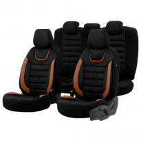 Juego De Fundas De Asiento Universales De Ante/Cuero/Tela &#039;Iconic&#039; Negro/Terracota - 11 Piezas - Valido Para Bolsas De Aire Late