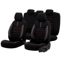 Juego De Fundas De Asiento Universales De Tela/Cuero &#039;Limited&#039; Negro + Costuras Rojas - 11 Piezas - Valido Para Bolsas De Aire L