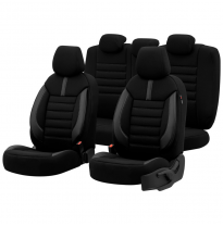 Juego De Fundas De Asiento Universales De Tela/Cuero &#039;Limited&#039; Negro + Costuras Grises - 11 Piezas - Valido Para Bolsas De Aire