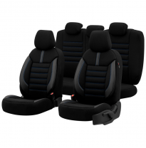 Juego De Fundas De Asiento Universales De Tela/Cuero &#039;Limited&#039; Negro + Costura Azul - 11 Piezas - Valido Para Bolsas De Aire Lat