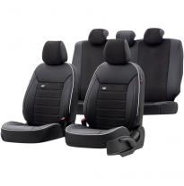 Juego De Fundas De Asiento Universales De Cuero/Vellón &#039;Premium&#039; Negro + Ribete Blanco - 11 Piezas - Apto Para Airbags Laterales
