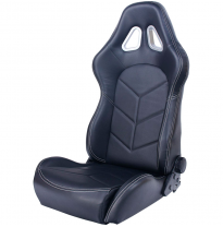 Asiento Deportivo Autostyle &#039;Tn&#039; - Negro Cuero Sintetico + Silver Costuras - Respaldo Reclinable De Dos Lados - Incl. Guías Univ
