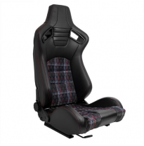Asiento Deportivo &#039;Gt&#039; - Cuero Sintético Negro + Tela Con Patrón De Cuadros Rojos + Costuras Rojas - Respaldo Reclinable En Ambo