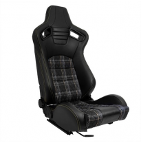 Asiento Deportivo &#039;Gt&#039; - Cuero Sintético Negro + Tela En Patrón De Cuadros Amarillos + Costuras Amarillas - Respaldo Reclinable