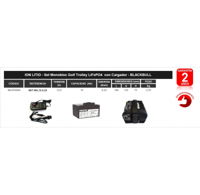 BATERIA BLACKBULL SET MIL12-0,23 BATERÍAS DE LITIO ION LITIO 12,8v - Set Monobloc Golf Trolley LiFePO4 con Cargador - BLACKBULL