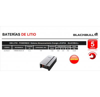 BATERIA BLACKBULL POWERBOX MIL48-7,68 BATERÍAS DE LITIO ION LITIO - 150Ah - 7,68Kwh POWERBOX Sistema Almacenamiento Energía LiFe