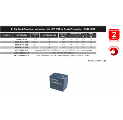 BATERIA SUNLIGHT LI.ON S-T12-1,23 BATERÍAS DE LITIO LI.ON Semi-Tracción - 12,8V Monobloc Litio LFP IP67 de Celda Prismática - SU