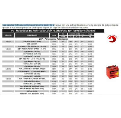 BATERIA ODYSSEY ODP-AGM48 H6 L3 (PC1220 - 48-720) MONOBLOC AGM Pb PURO PC ODYSSEY PC - MONOBLOC DE AGM TECNOLOGÍA PLOMO PURO 12V