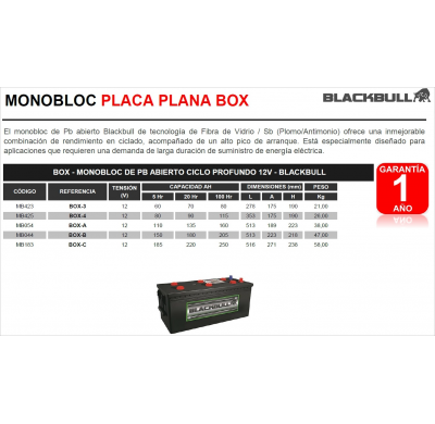 BATERIA BLACKBULL BOX-A TB - MONOBLOC TUBULAR DE PB ABIERTO CICLO PROFUNDO - BLACKBULL BOX - MONOBLOC DE PB ABIERTO CICLO PROFUN