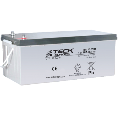 Bateria Teck Cyclic Agm 12v Referencia: Tbc12-260 - Voltaje 12 - Capacidad (Ah-20h) 282 - Dimensiones: L(Mm) 522 - an (Mm) 268 -