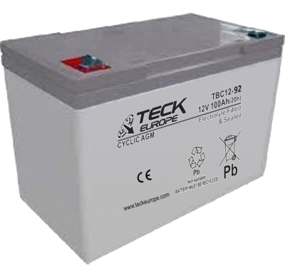 Bateria Teck Cyclic Agm 12v Referencia: Tbc12-92 - Voltaje 12 - Capacidad (Ah-20h) 100 - Dimensiones: L(Mm) 306 - an (Mm) 168 -