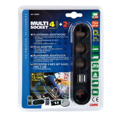 Enchufe Mechero 4+2 4 Tomas+2 Usb 60 Cm Cable 12/24v