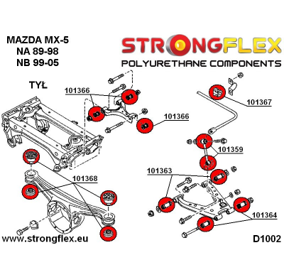 SILENTBLOCK Mazda Mx-5 / Miata Nb 99-05 KIT DE CASQUILLO DE SUSPENSIÓN INTERIOR Y EXTERIOR SUPERIOR TRASERO STRONGFLEX 6PCS.