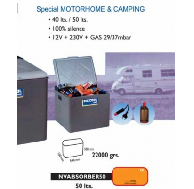 NEVERA ABSORCIÓN/GAS 50 LTS.  12V+ 230V + GAS 100% SILENCIO ESPECIAL MOTORHOME Y CAMPING