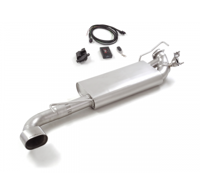 Silencioso trasero en acero inox con salida ovalada 120x70 mm firmado Miky Biasion</p>
 con válvula eléctrica integrada. El cont