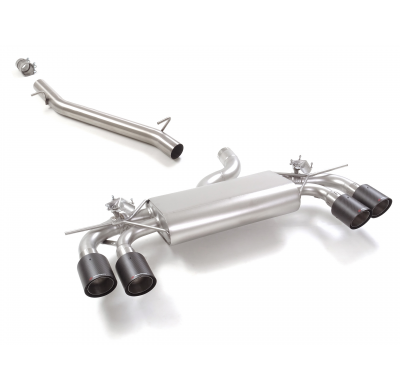 Tramo intermedio en acero inox + Silencioso trasero doble en acero inox con salidas redondas 2 / 100 mm Carbon Shot</p>
 con val