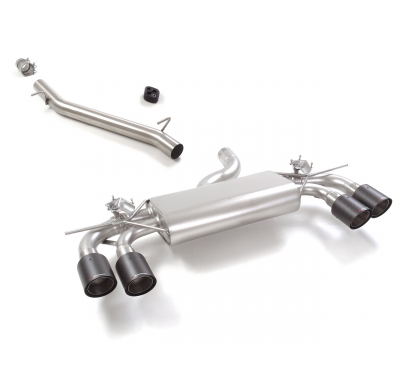 Tramo intermedio en acero inox + Silencioso trasero doble en acero inox con salidas redondas 2 / 100 mm Carbon Shot</p>
 con val
