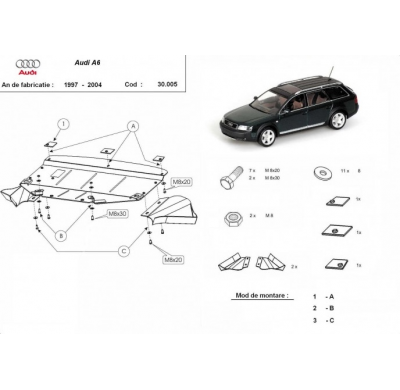 Cubre carter de Acero para Audi A6 Año: 1997 - 2004 Grosor: "2"mm 1.9, 2.6, 2.8, 2.5D, 2.4T