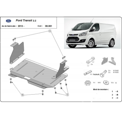 Cubre carter de Acero para el motor y caja de cambios del Ford Transit Custom Año: 2013 - 2019 Grosor: "2"mm 2.0, 2.2 TD