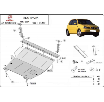 Cubre carter de Acero para Seat Arosa Año: 1997 - 2004 Grosor: "2"mm 1.0; 1.4; 1.4Tdi; 1.7Sdi