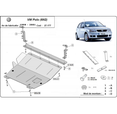 Cubre carter de Acero para el motor y caja de cambios del VW Polo 6n2 Año: 1999 - 2001 Grosor: "2"mm 1.0, 1.2, 1.4, 1.6
