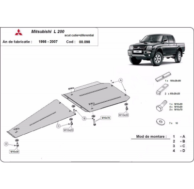 Protector de Acero para caja de cambios y diferencial para Mitsubishi L 200 Año: 1998 - 2007 Grosor: "3"mm Todas las motorizacio