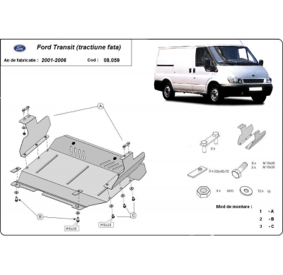 Cubre carter de Acero para el motor y caja de cambios del Ford Transit - Tracción delantera Año: 2001 - 2006 Grosor: "2"mm Todas