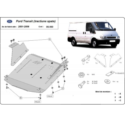 Cubre carter de Acero para el motor y caja de cambios del Ford Transit - Tracción trasera Año: 2001 - 2006 Grosor: "2"mm Todas l