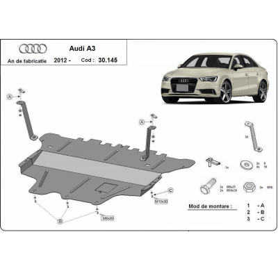 Cubre carter de Acero para Audi A3 (8V) Año: 2012 - 2020 Grosor: "2"mm Todas las motorizaciones manual
