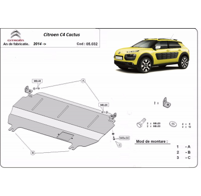 Cubre carter de Acero para Citroën C4 Cactus Año: 2014 - 2020 Grosor: "2"mm Todas las motorizaciones
