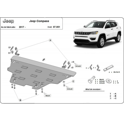 Cubre carter de Acero para Jeep Compass Año: 2017 - 2025 Grosor: "2"mm Todas las motorizaciones