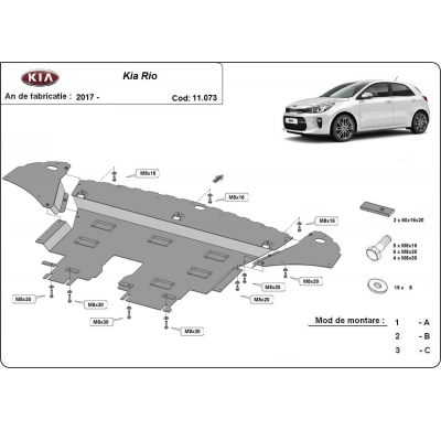 Cubre carter de Acero para Kia Rio 4 Año: 2017 - 2025 Grosor: "2"mm Todas las motorizaciones