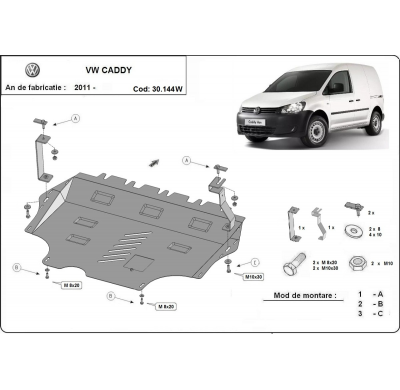 Cubre carter de Acero para VW Caddy - con WEBASTO Año: 2011 - 2020 Grosor: "2"mm Todas las motorizaciones
