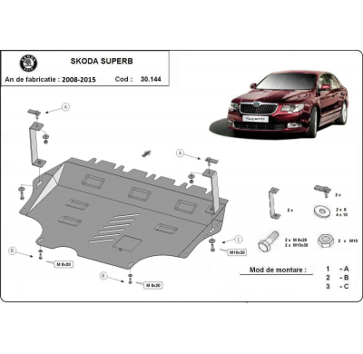 Cubre carter de Acero para Skoda Superb Año: 2008 - 2015 Grosor: "2"mm