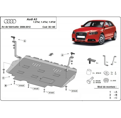 Cubre carter de Acero para el motor y caja de cambios del Audi A3 Año: 2008 - 2012 Grosor: "2"mm 1.2, 1.4 Tsi, 1.6 Tdi - 2.0 TDI