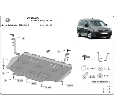 Cubre carter de Acero para Volkswagen Caddy Año: 2010 - 2012 Grosor: "2"mm 1.2, 1.4, TSI, 1.6 TDI,