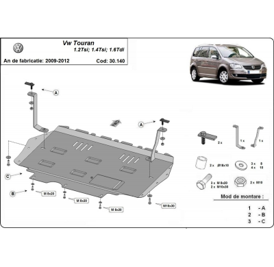Cubre carter de Acero para Volkswagen Touran Año: 2010 - 2015 Grosor: "2"mm 1.2, 1.4 TSI, 1.6 TDI