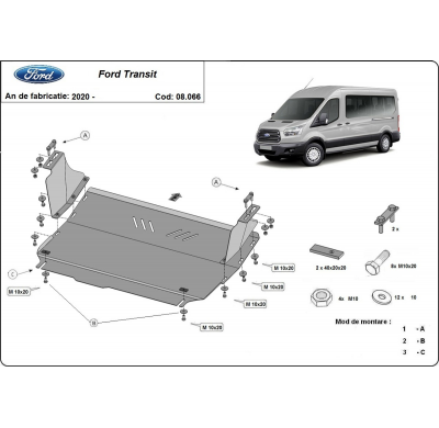Cubre carter de Acero para Ford Transit - Tracción delantera Año: 2020 - 2025 Grosor: "2"mm Todas las motorizaciones