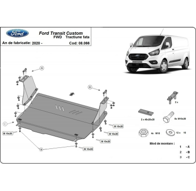 Cubre carter de Acero para el motor y caja de cambios del Ford Transit Custom - Tracción delantera Año: 2020 - 2023 Grosor: "2"m