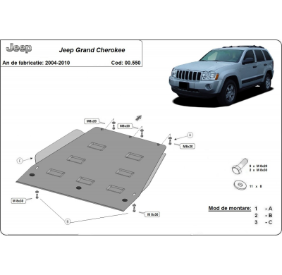 Protector de Acero para caja de cambios del Jeep Grand Cherokee Año: 2005 - 2010 Grosor: "2"mm Todas las motorizaciones