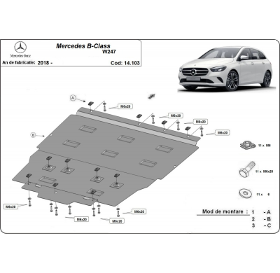 Cubre carter de Acero para Mercedes Clase B W247 Año: 2019 - 2025 Grosor: "2"mm Todas las motorizaciones