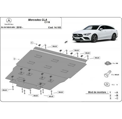 Cubre carter de Acero para Mercedes CLA C118 Año: 2019 - 2025 Grosor: "2"mm Todas las motorizaciones