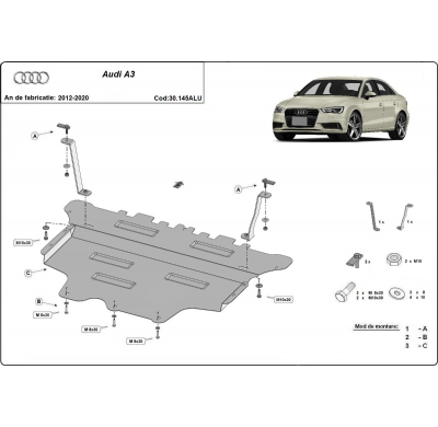 Cubre carter de Aluminio para Audi A3 Año: 2012 - 2020 Grosor: "3"mm Todas las motorizaciones