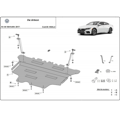 Cubre carter de Aluminio para VW Arteon Año: 2017 - 2025 Grosor: "3"mm Todas las motorizaciones