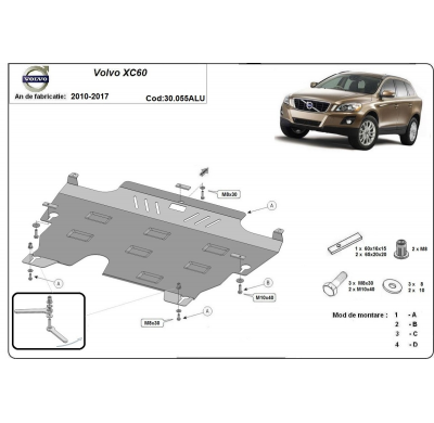 Cubre carter de Aluminio para el motor y caja de cambios del Volvo XC60 Año: 2010 - 2017 Grosor: "3"mm Todas las motorizaciones