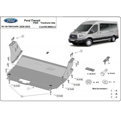 Cubre carter de Aluminio para Ford Transit FWD Año: 2020 - 2023 Grosor: "3"mm Todas las motorizaciones