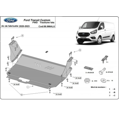 Cubre carter de Aluminio para el motor y caja de cambios del Ford Transit Custom - Tracción delantera Año: 2020 - 2023 Grosor: "